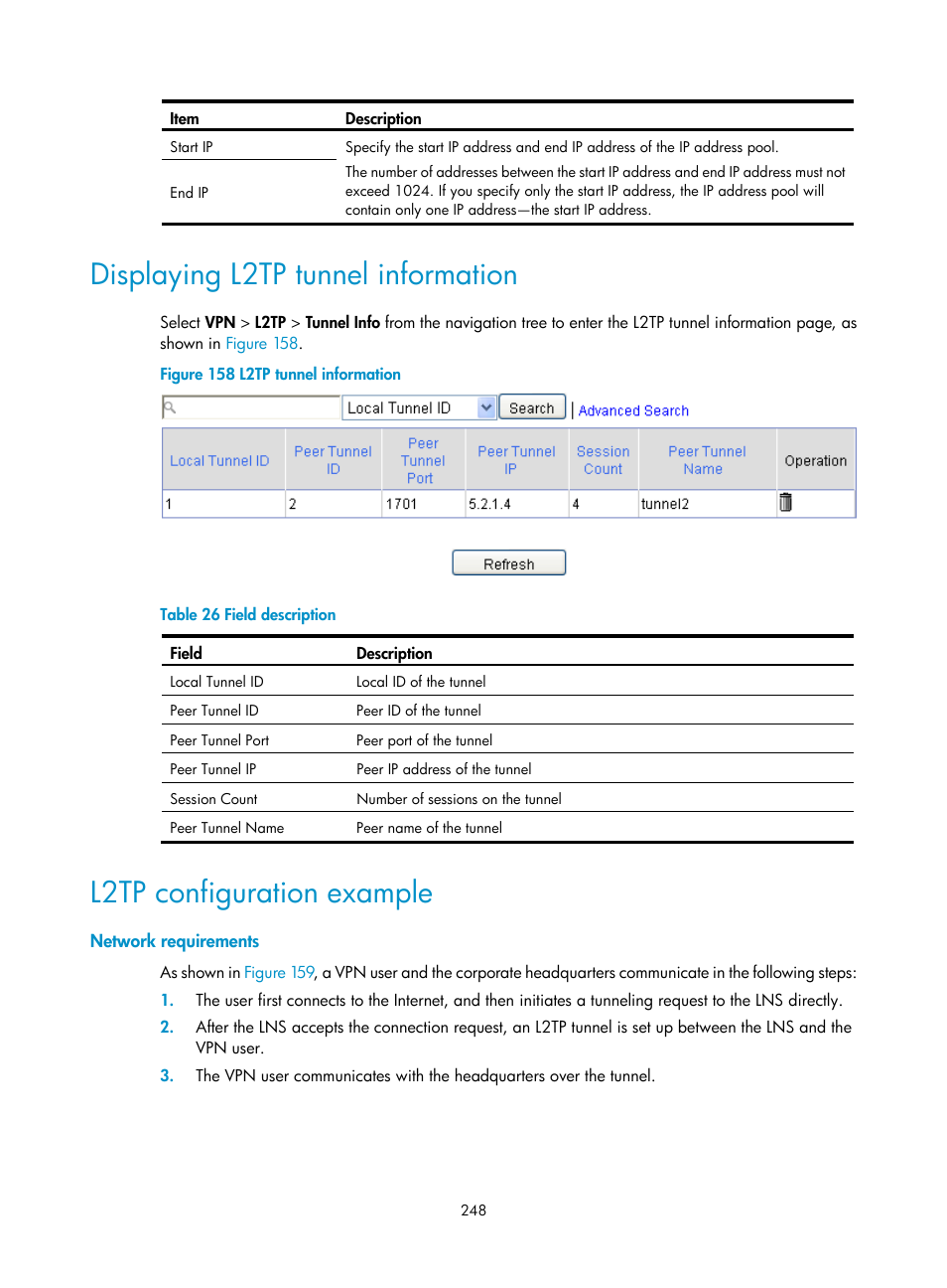 Displaying l2tp tunnel information, L2tp configuration example, Network requirements | H3C Technologies H3C SecPath F1000-E User Manual | Page 260 / 490