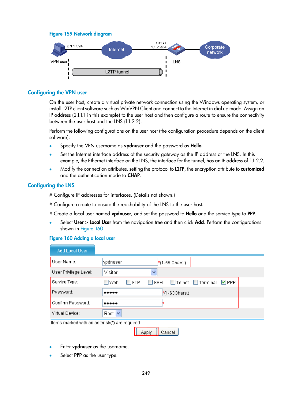 Configuring the vpn user, Configuring the lns, Figure 159 | A vpn u | H3C Technologies H3C SecPath F1000-E User Manual | Page 261 / 490