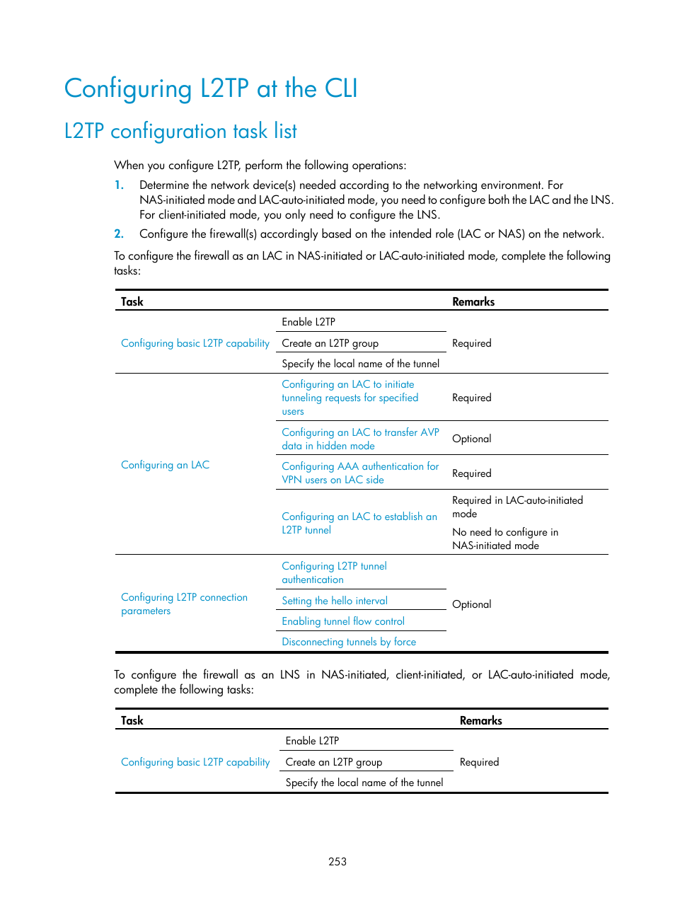 Configuring l2tp at the cli, L2tp configuration task list | H3C Technologies H3C SecPath F1000-E User Manual | Page 265 / 490