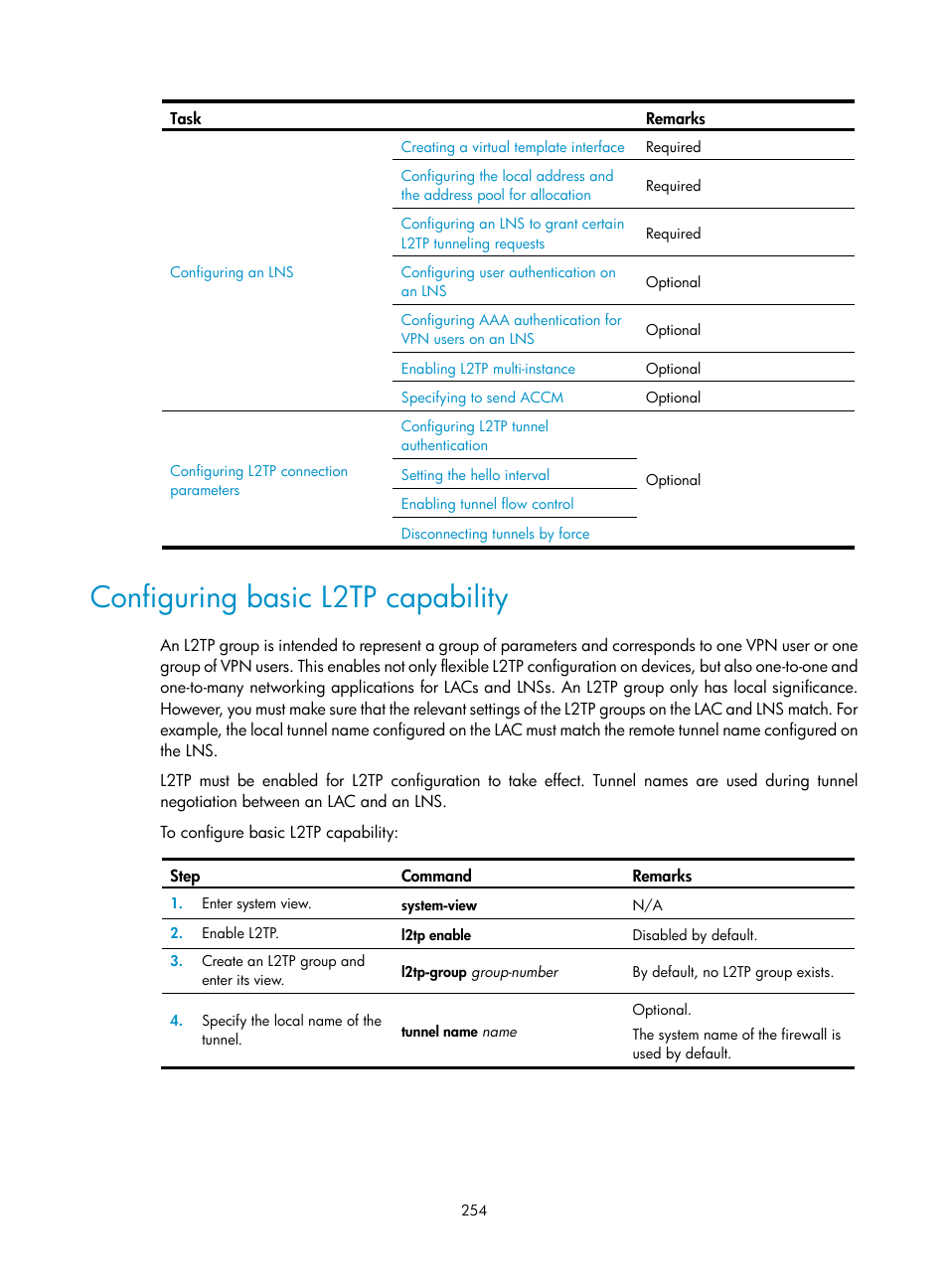 Configuring basic l2tp capability | H3C Technologies H3C SecPath F1000-E User Manual | Page 266 / 490