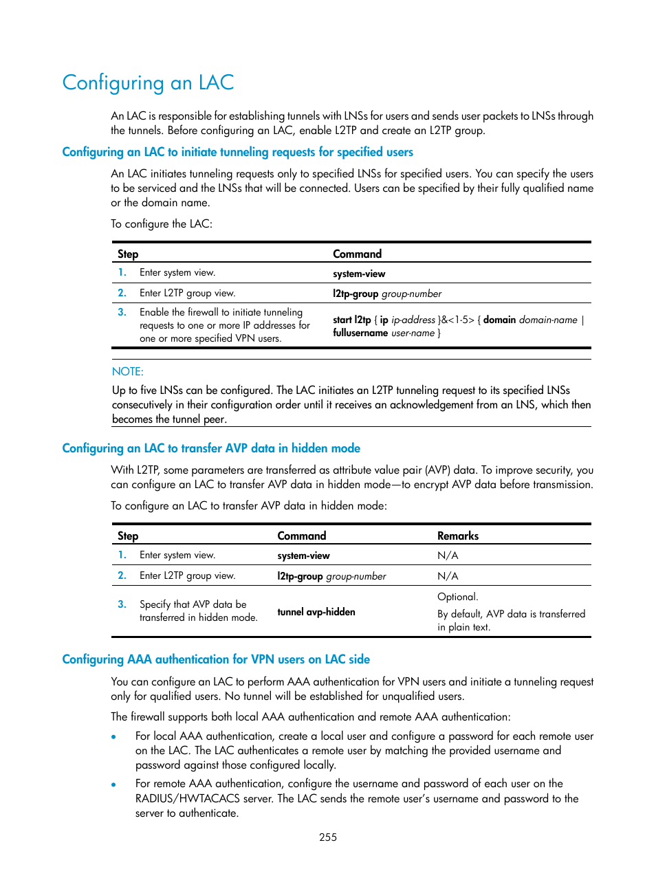 Configuring an lac, Configuring an lac to transfer avp, Data in hidden mode | H3C Technologies H3C SecPath F1000-E User Manual | Page 267 / 490