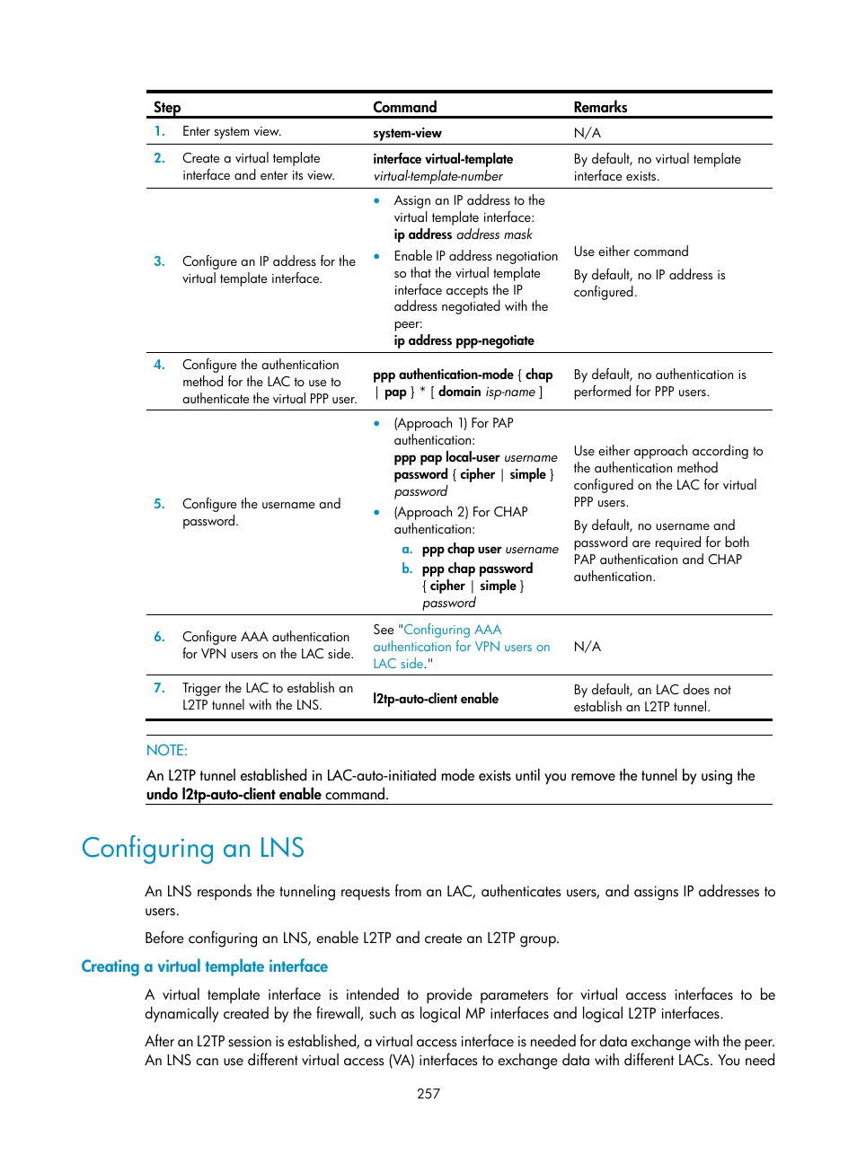 Configuring an lns, Creating a virtual template interface | H3C Technologies H3C SecPath F1000-E User Manual | Page 269 / 490