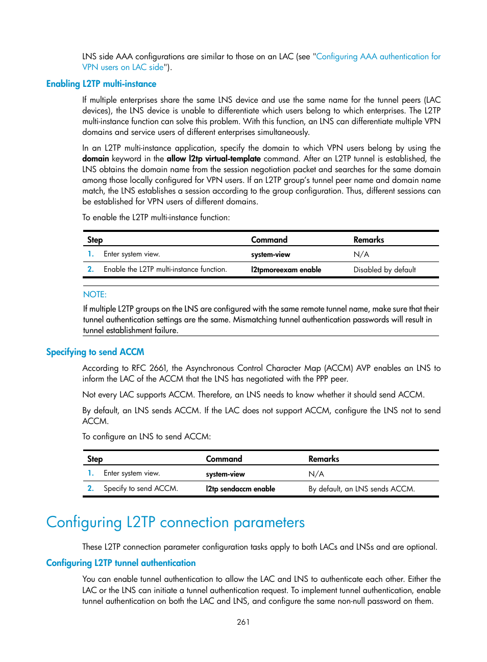 Enabling l2tp multi-instance, Specifying to send accm, Configuring l2tp connection parameters | Configuring l2tp tunnel authentication | H3C Technologies H3C SecPath F1000-E User Manual | Page 273 / 490