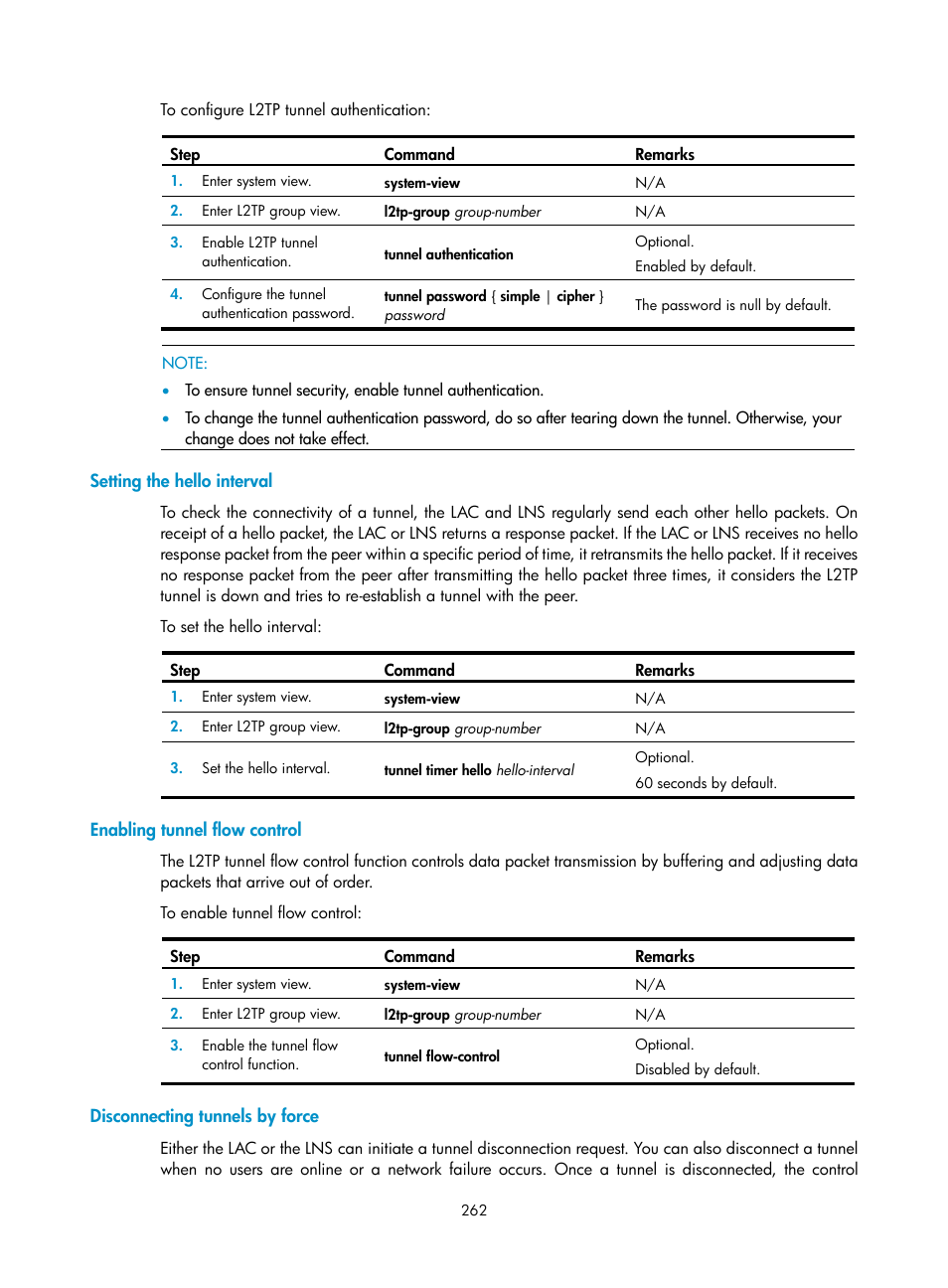 Setting the hello interval, Enabling tunnel flow control, Disconnecting tunnels by force | H3C Technologies H3C SecPath F1000-E User Manual | Page 274 / 490