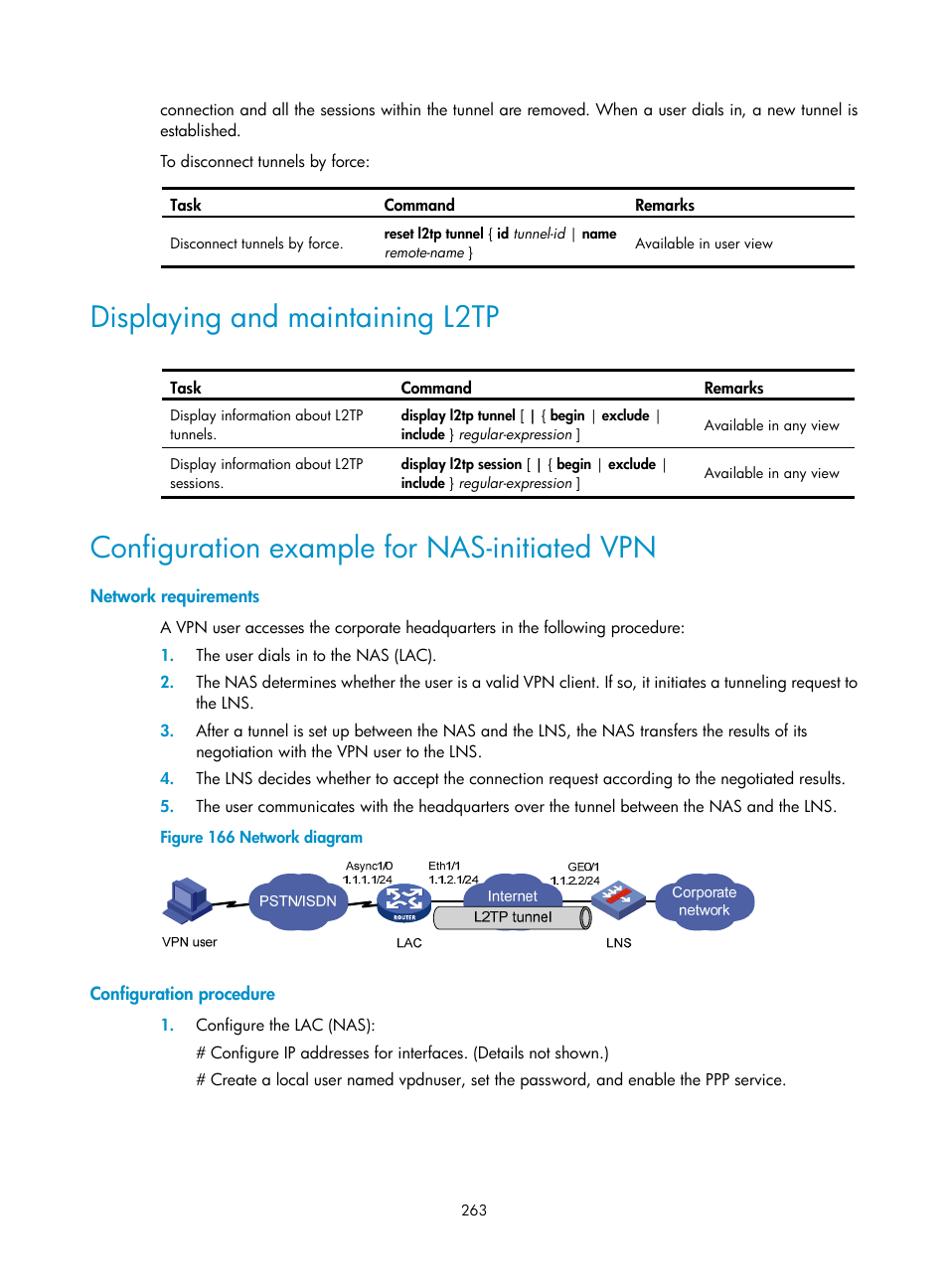 Displaying and maintaining l2tp, Configuration example for nas-initiated vpn, Network requirements | Configuration procedure | H3C Technologies H3C SecPath F1000-E User Manual | Page 275 / 490