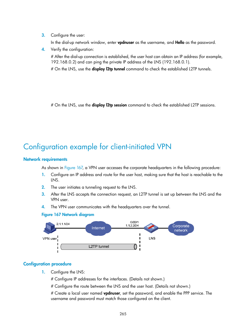 Configuration example for client-initiated vpn, Network requirements, Configuration procedure | H3C Technologies H3C SecPath F1000-E User Manual | Page 277 / 490