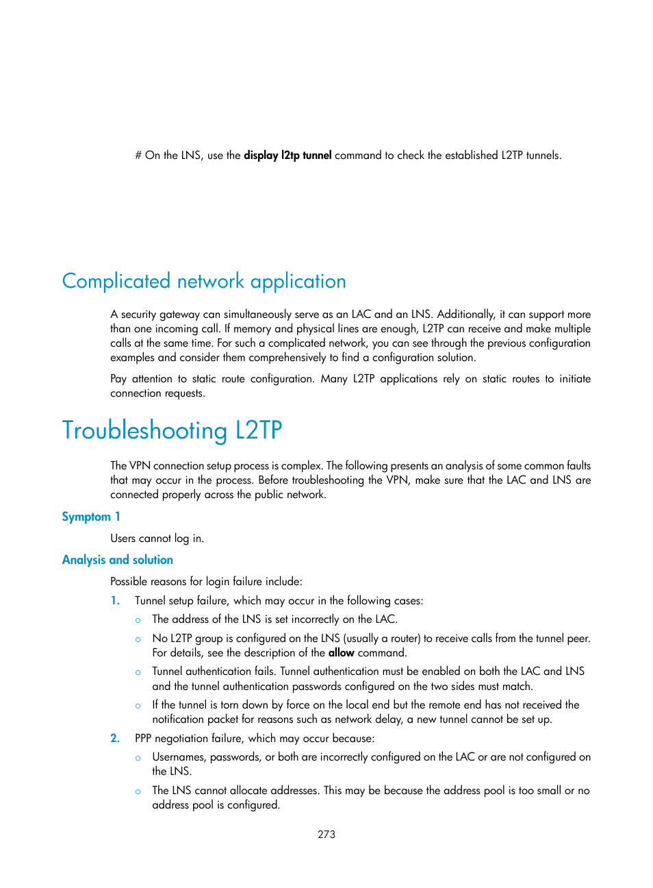 Complicated network application, Troubleshooting l2tp, Symptom 1 | Analysis and solution | H3C Technologies H3C SecPath F1000-E User Manual | Page 285 / 490