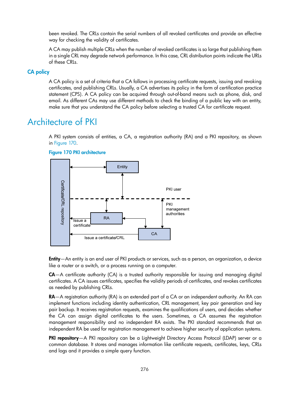 Ca policy, Architecture of pki | H3C Technologies H3C SecPath F1000-E User Manual | Page 288 / 490