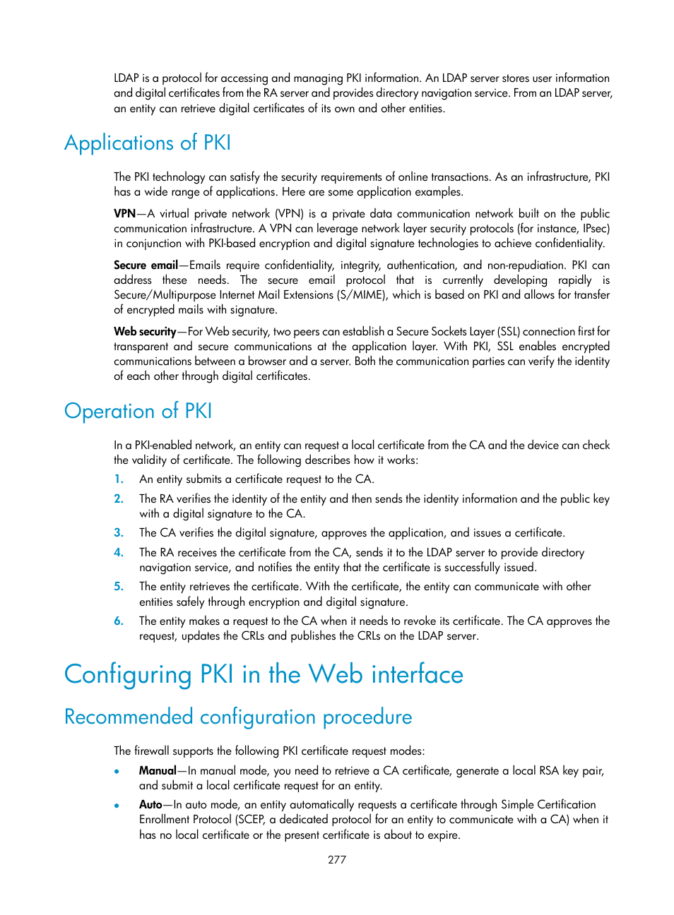 Applications of pki, Operation of pki, Configuring pki in the web interface | Recommended configuration procedure | H3C Technologies H3C SecPath F1000-E User Manual | Page 289 / 490