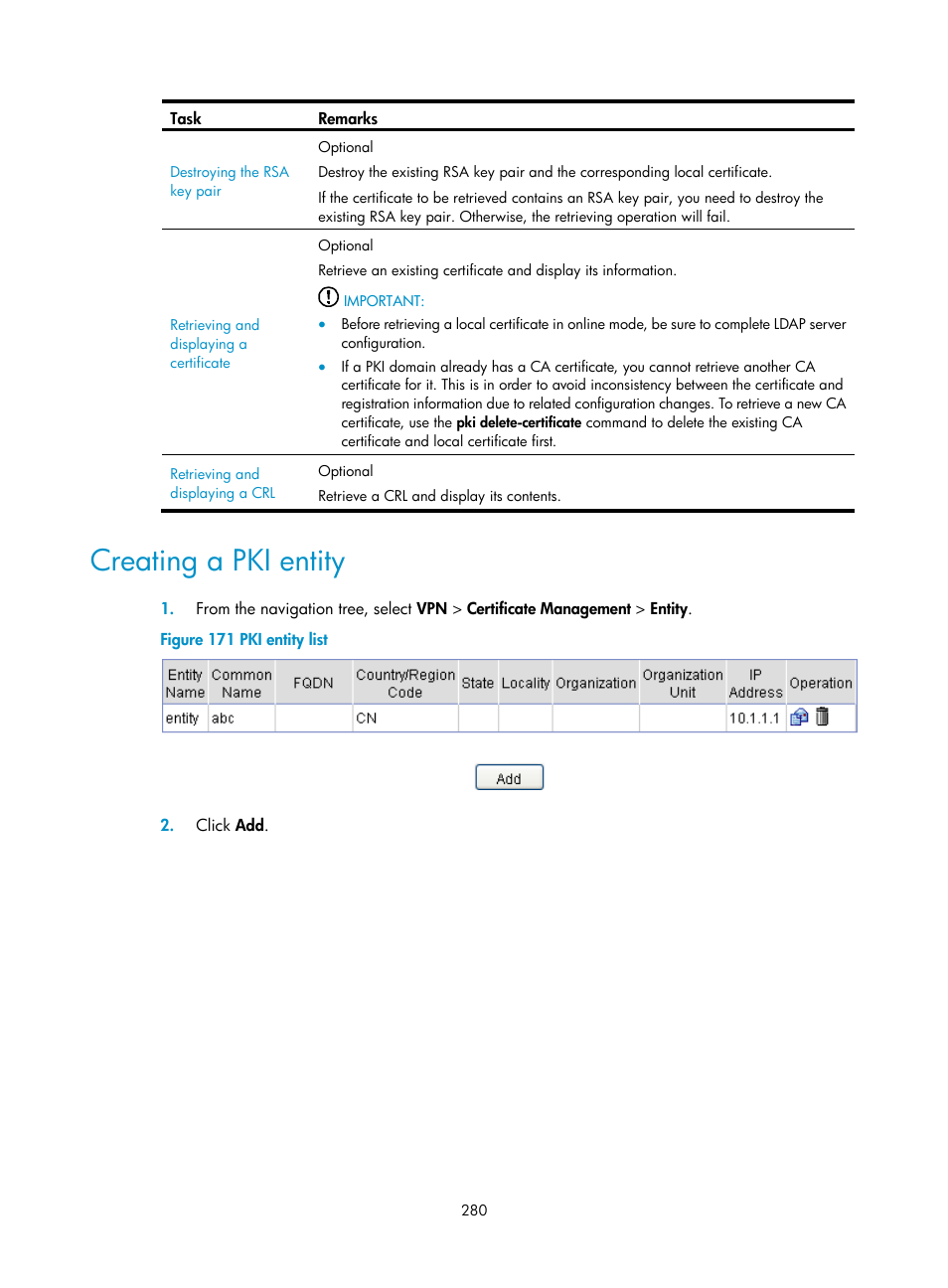 Creating a pki entity | H3C Technologies H3C SecPath F1000-E User Manual | Page 292 / 490