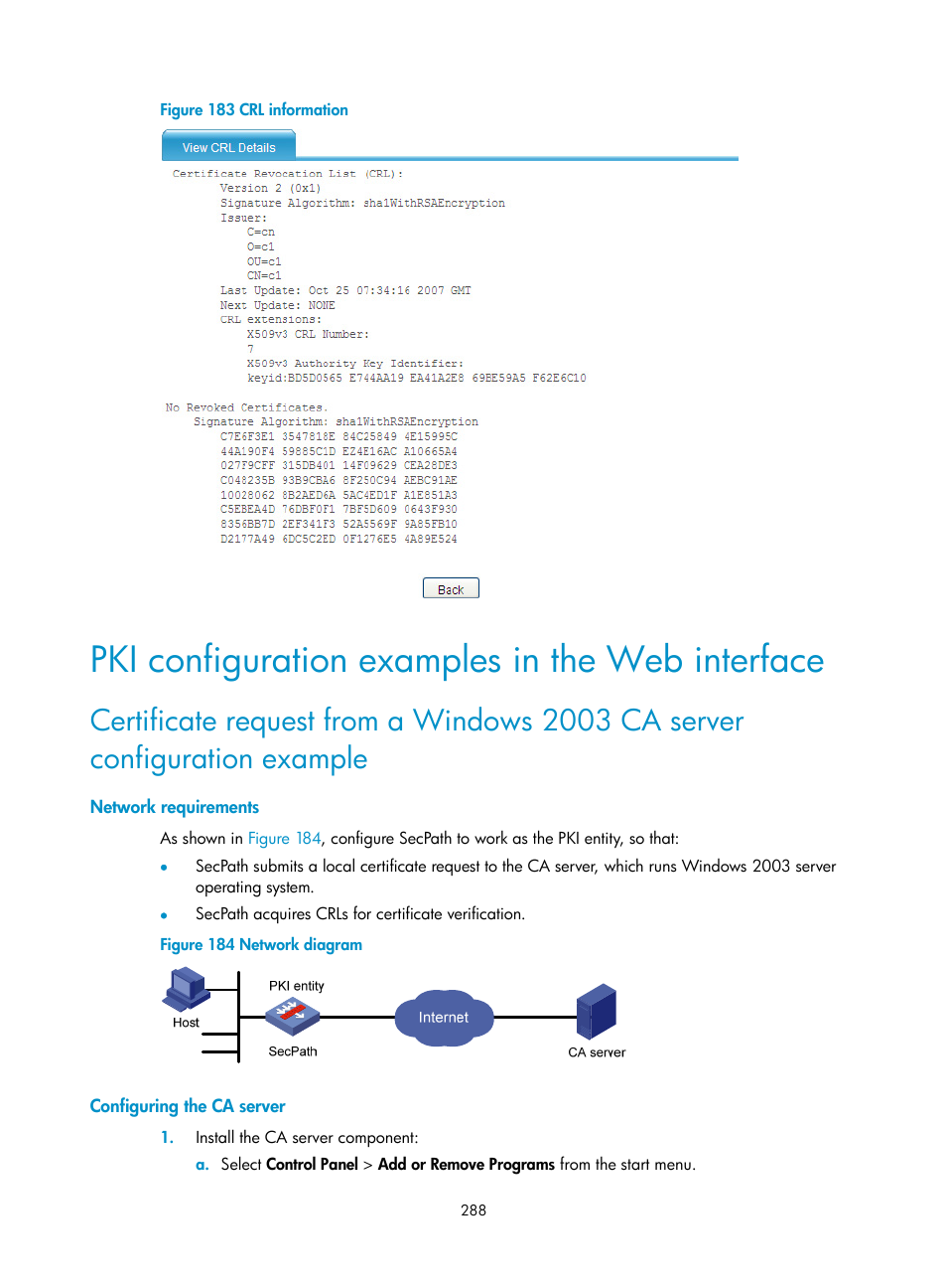 Pki configuration examples in the web interface, Network requirements, Configuring the ca server | H3C Technologies H3C SecPath F1000-E User Manual | Page 300 / 490