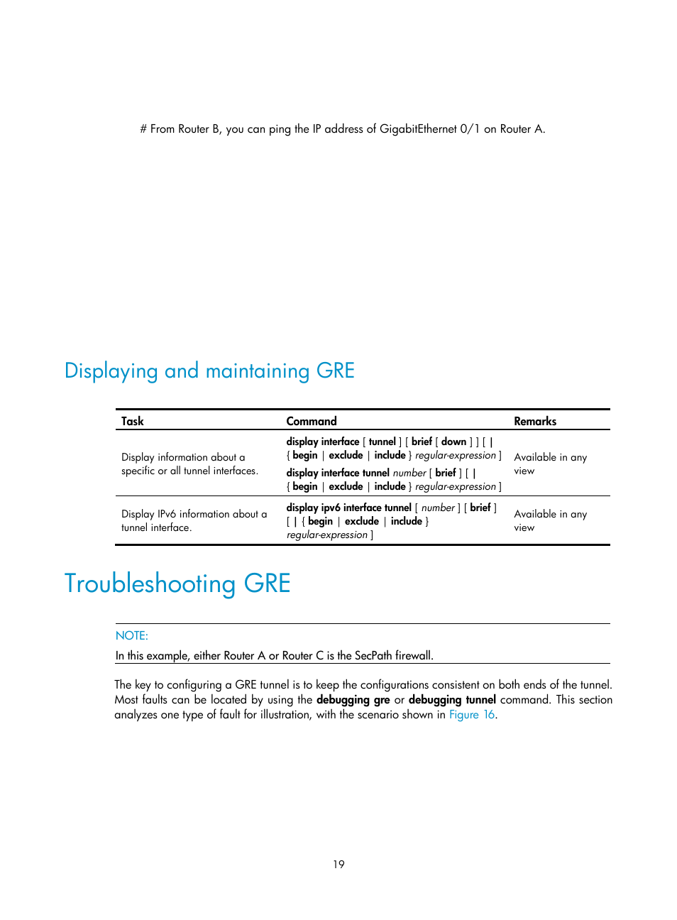 Displaying and maintaining gre, Troubleshooting gre | H3C Technologies H3C SecPath F1000-E User Manual | Page 31 / 490