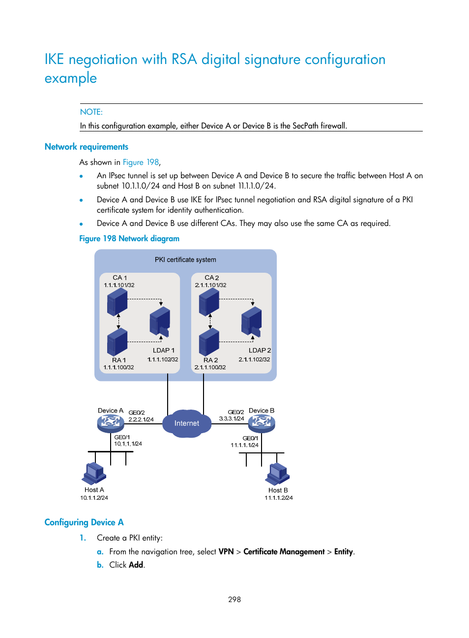 Network requirements, Configuring device a | H3C Technologies H3C SecPath F1000-E User Manual | Page 310 / 490