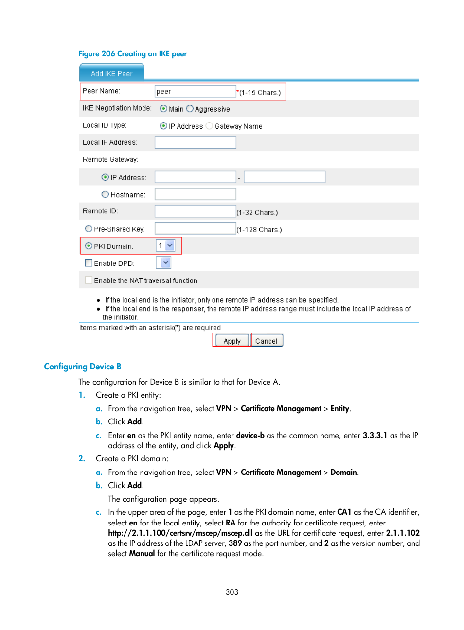 Configuring device b | H3C Technologies H3C SecPath F1000-E User Manual | Page 315 / 490