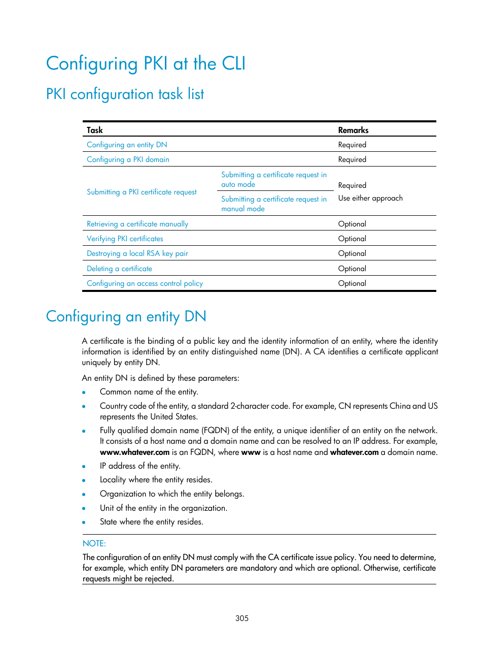 Configuring pki at the cli, Pki configuration task list, Configuring an entity dn | H3C Technologies H3C SecPath F1000-E User Manual | Page 317 / 490