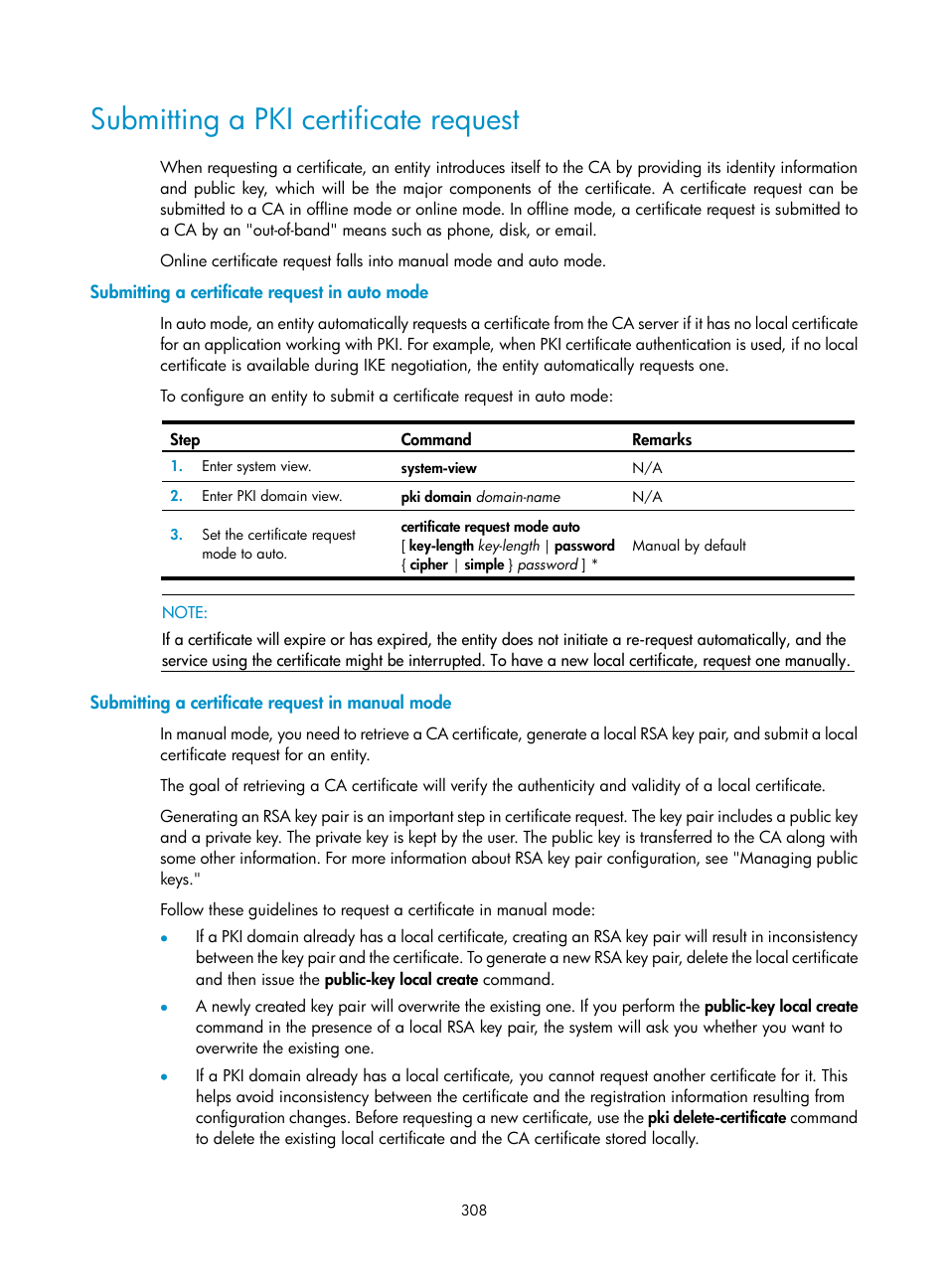 Submitting a pki certificate request, Submitting a certificate request in auto mode, Submitting a certificate request in manual mode | H3C Technologies H3C SecPath F1000-E User Manual | Page 320 / 490