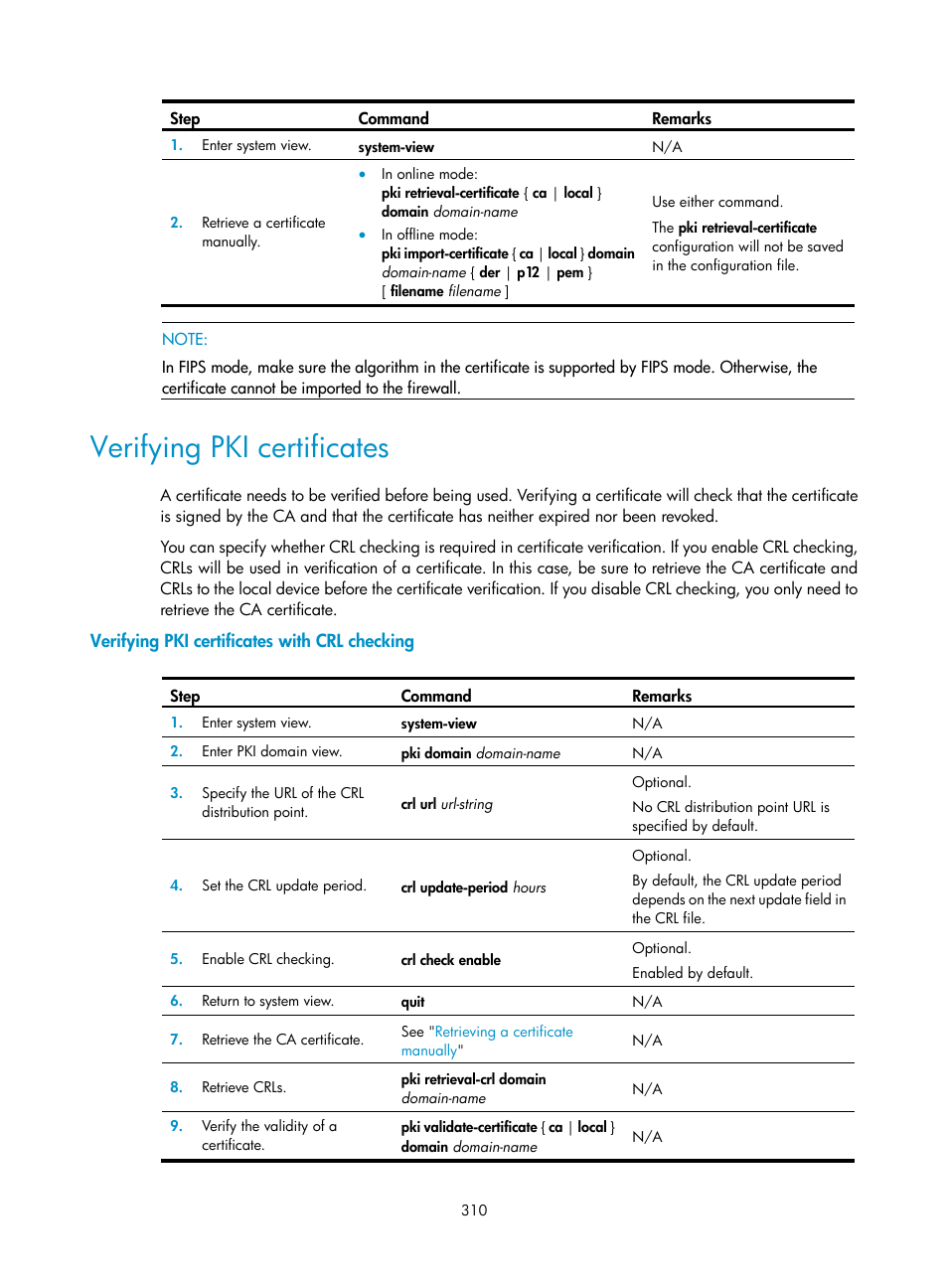 Verifying pki certificates, Verifying pki certificates with crl checking | H3C Technologies H3C SecPath F1000-E User Manual | Page 322 / 490