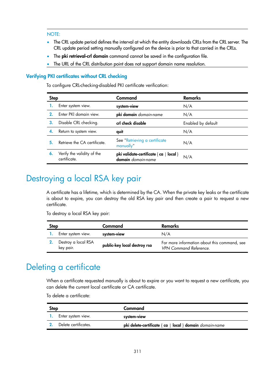 Verifying pki certificates without crl checking, Destroying a local rsa key pair, Deleting a certificate | H3C Technologies H3C SecPath F1000-E User Manual | Page 323 / 490