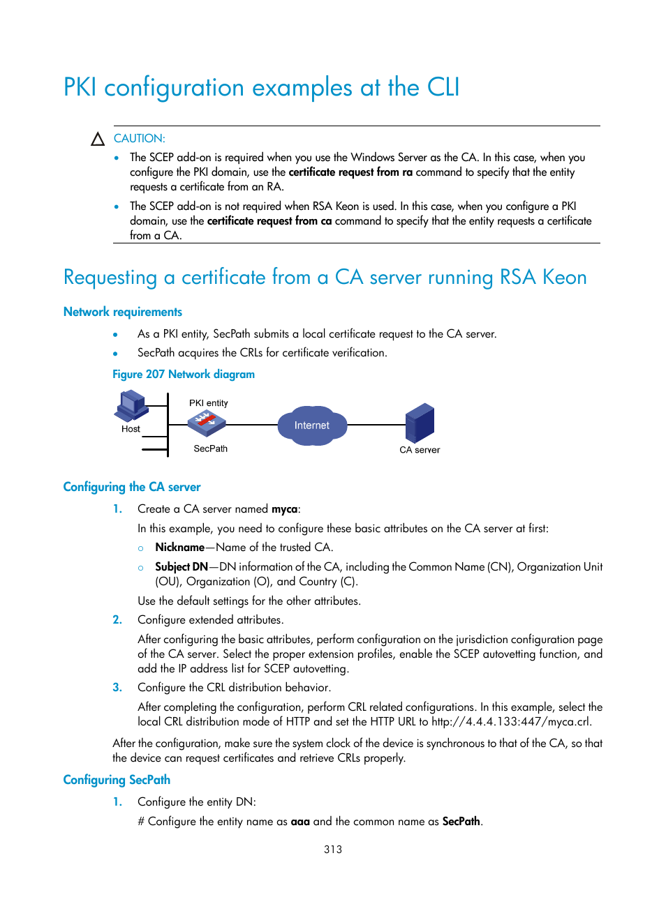 Pki configuration examples at the cli, Network requirements, Configuring the ca server | Configuring secpath | H3C Technologies H3C SecPath F1000-E User Manual | Page 325 / 490