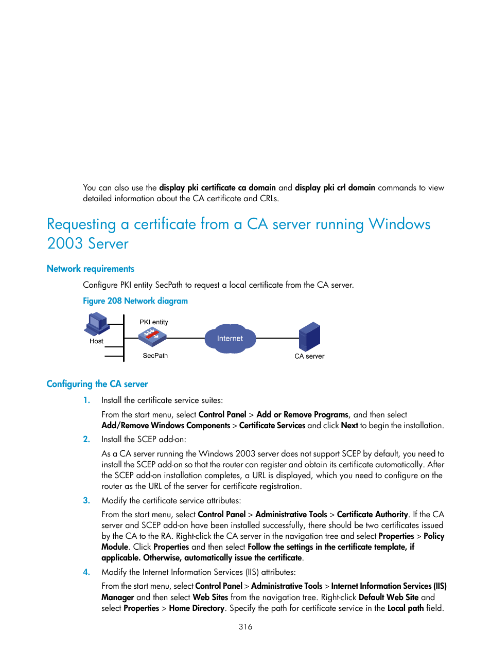 Network requirements, Configuring the ca server | H3C Technologies H3C SecPath F1000-E User Manual | Page 328 / 490