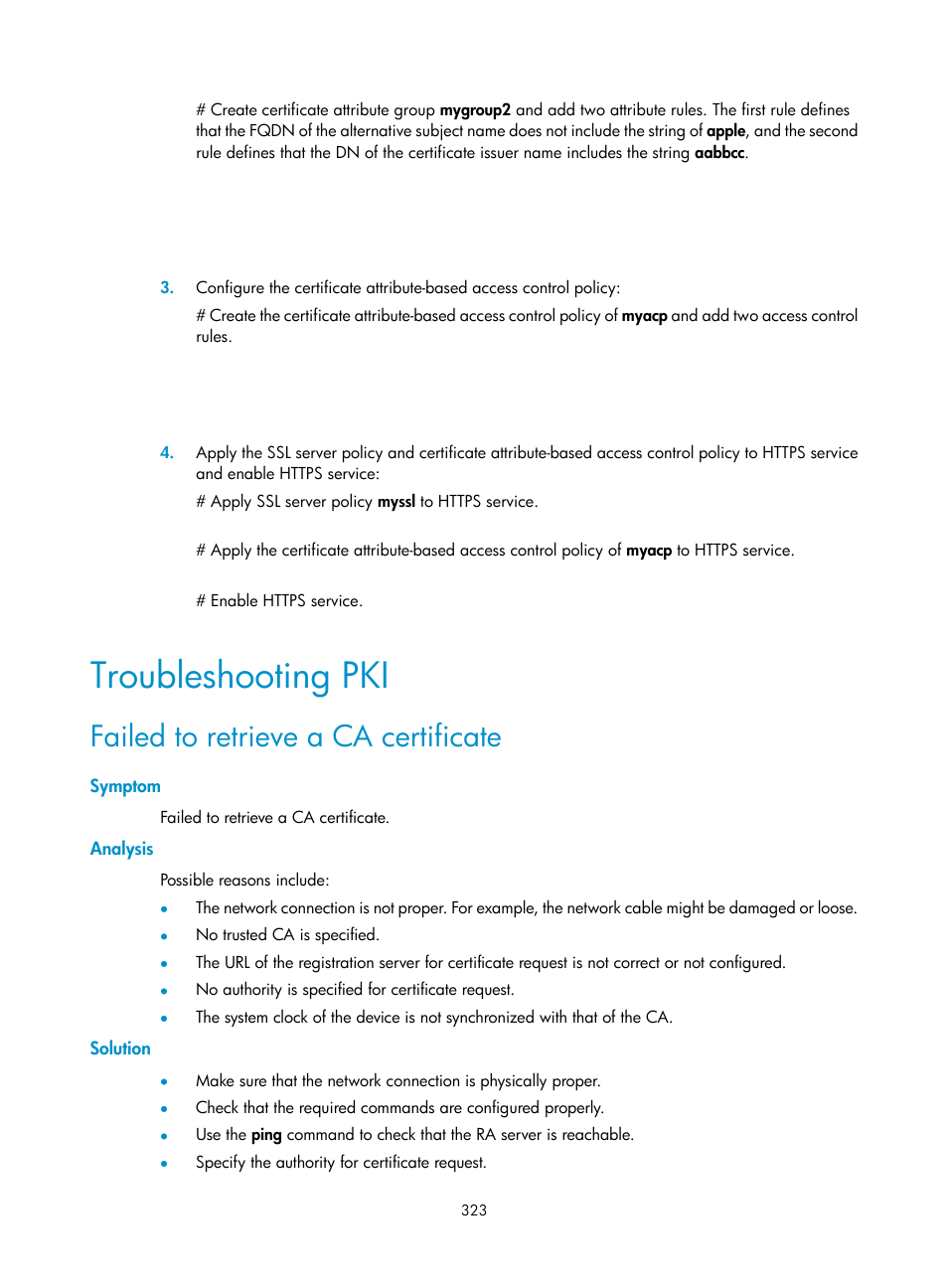 Troubleshooting pki, Failed to retrieve a ca certificate, Symptom | Analysis, Solution | H3C Technologies H3C SecPath F1000-E User Manual | Page 335 / 490