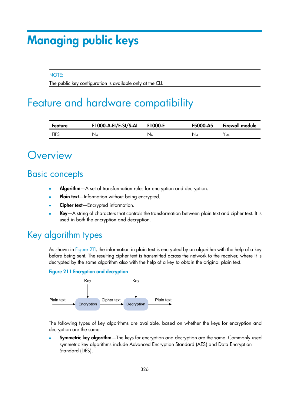 Managing public keys, Feature and hardware compatibility, Overview | Basic concepts, Key algorithm types | H3C Technologies H3C SecPath F1000-E User Manual | Page 338 / 490