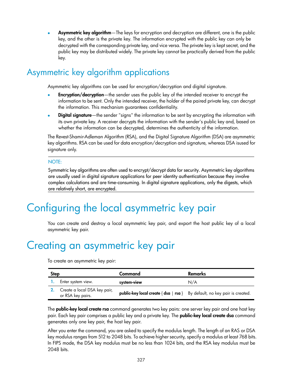 Asymmetric key algorithm applications, Configuring the local asymmetric key pair, Creating an asymmetric key pair | H3C Technologies H3C SecPath F1000-E User Manual | Page 339 / 490