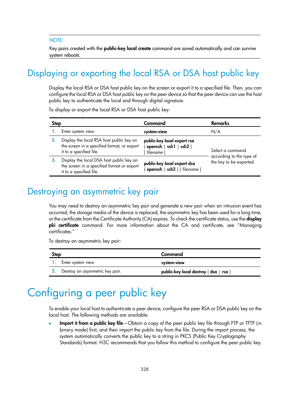 Destroying an asymmetric key pair, Configuring a peer public key | H3C Technologies H3C SecPath F1000-E User Manual | Page 340 / 490