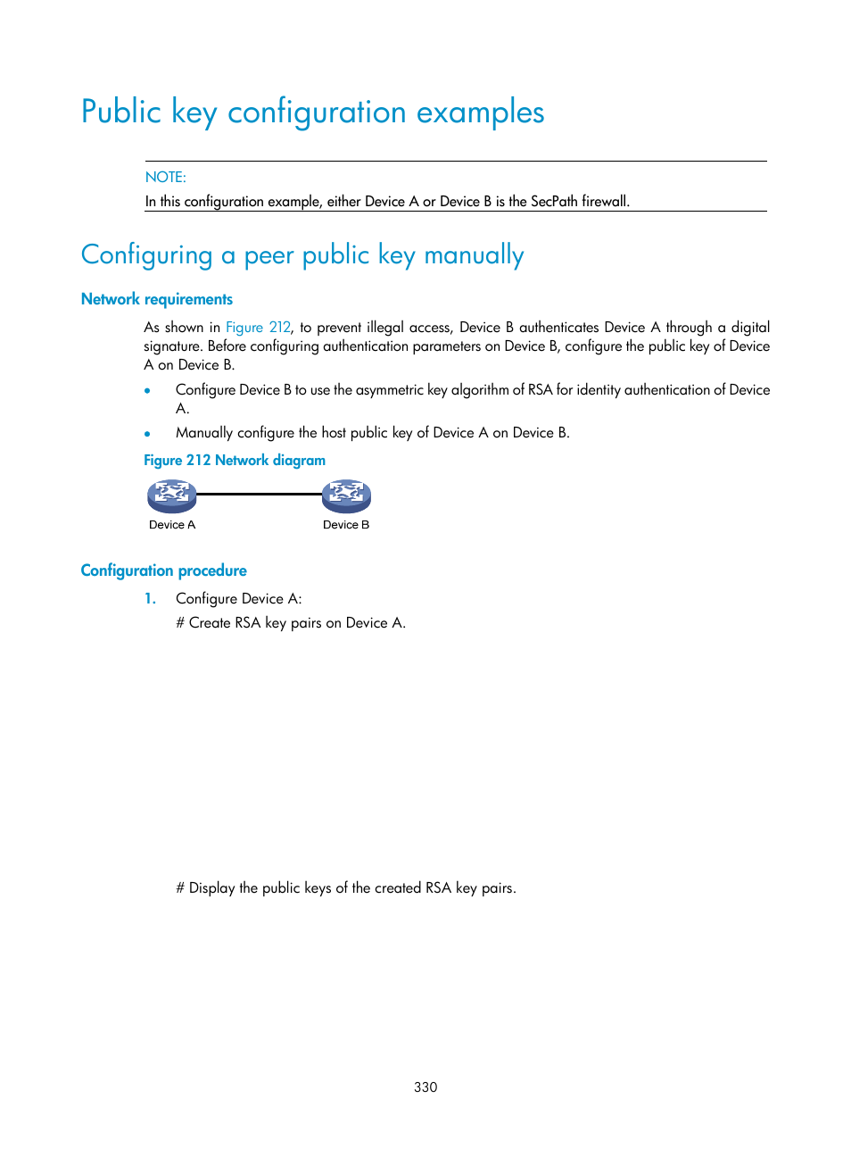 Public key configuration examples, Configuring a peer public key manually, Network requirements | Configuration procedure | H3C Technologies H3C SecPath F1000-E User Manual | Page 342 / 490