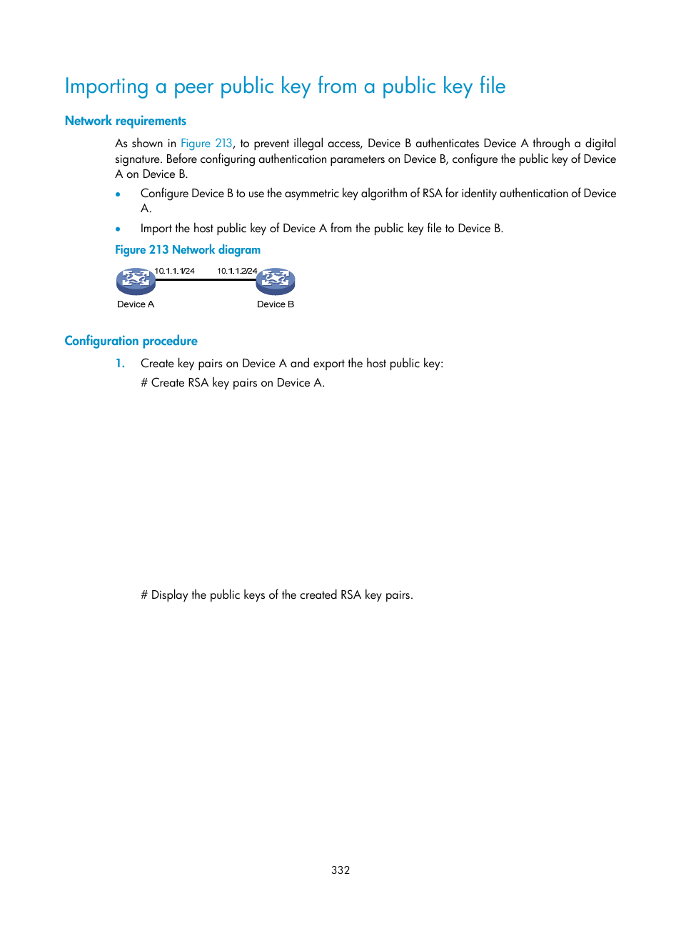 Importing a peer public key from a public key file, Network requirements, Configuration procedure | H3C Technologies H3C SecPath F1000-E User Manual | Page 344 / 490