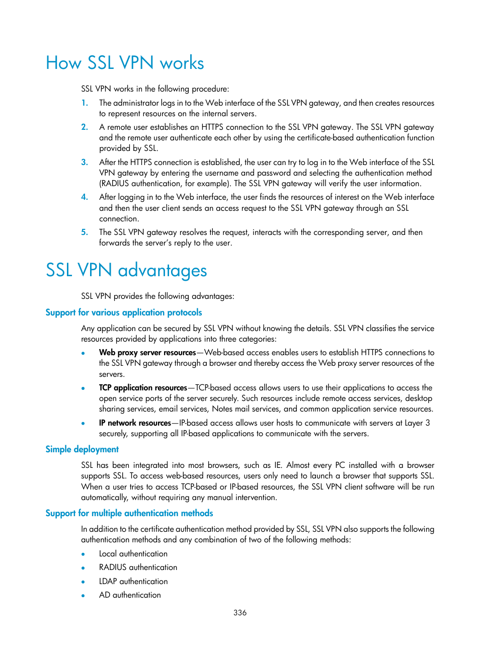 How ssl vpn works, Ssl vpn advantages, Support for various application protocols | Simple deployment, Support for multiple authentication methods | H3C Technologies H3C SecPath F1000-E User Manual | Page 348 / 490