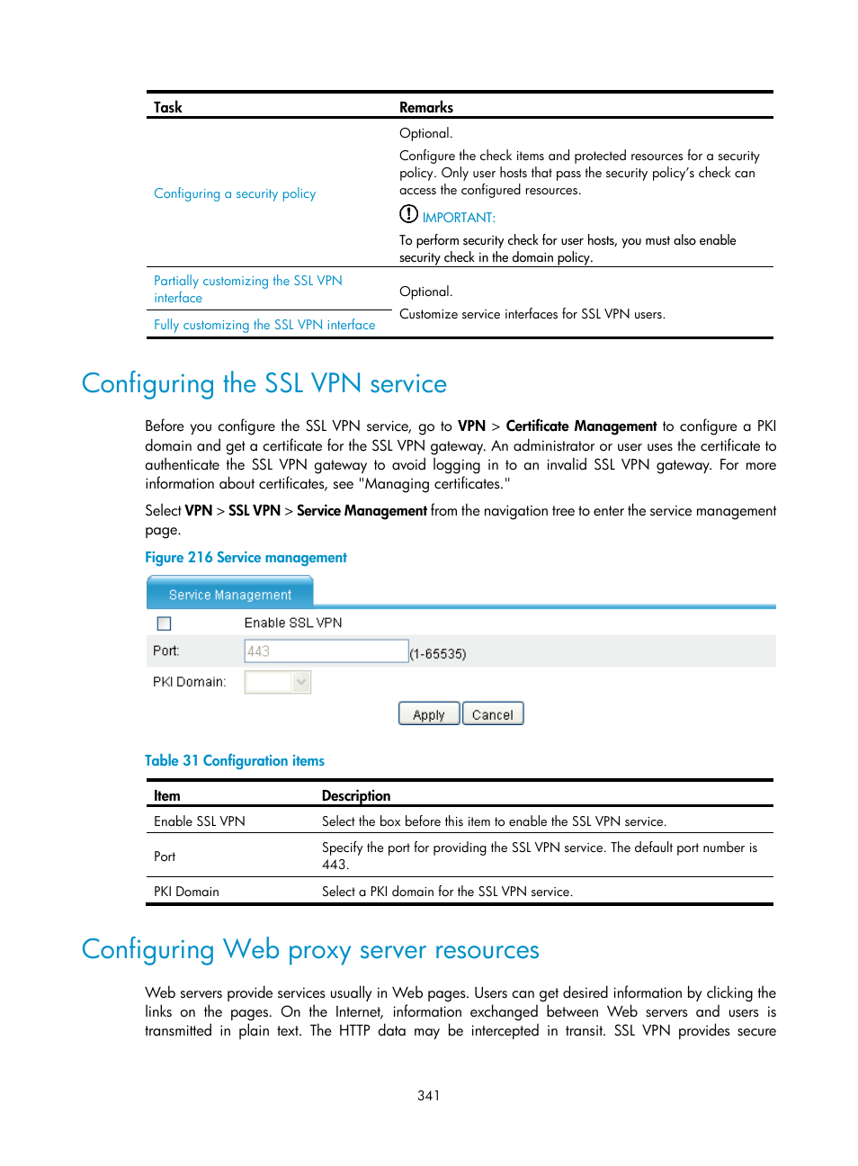 Configuring the ssl vpn service, Configuring web proxy server resources | H3C Technologies H3C SecPath F1000-E User Manual | Page 353 / 490