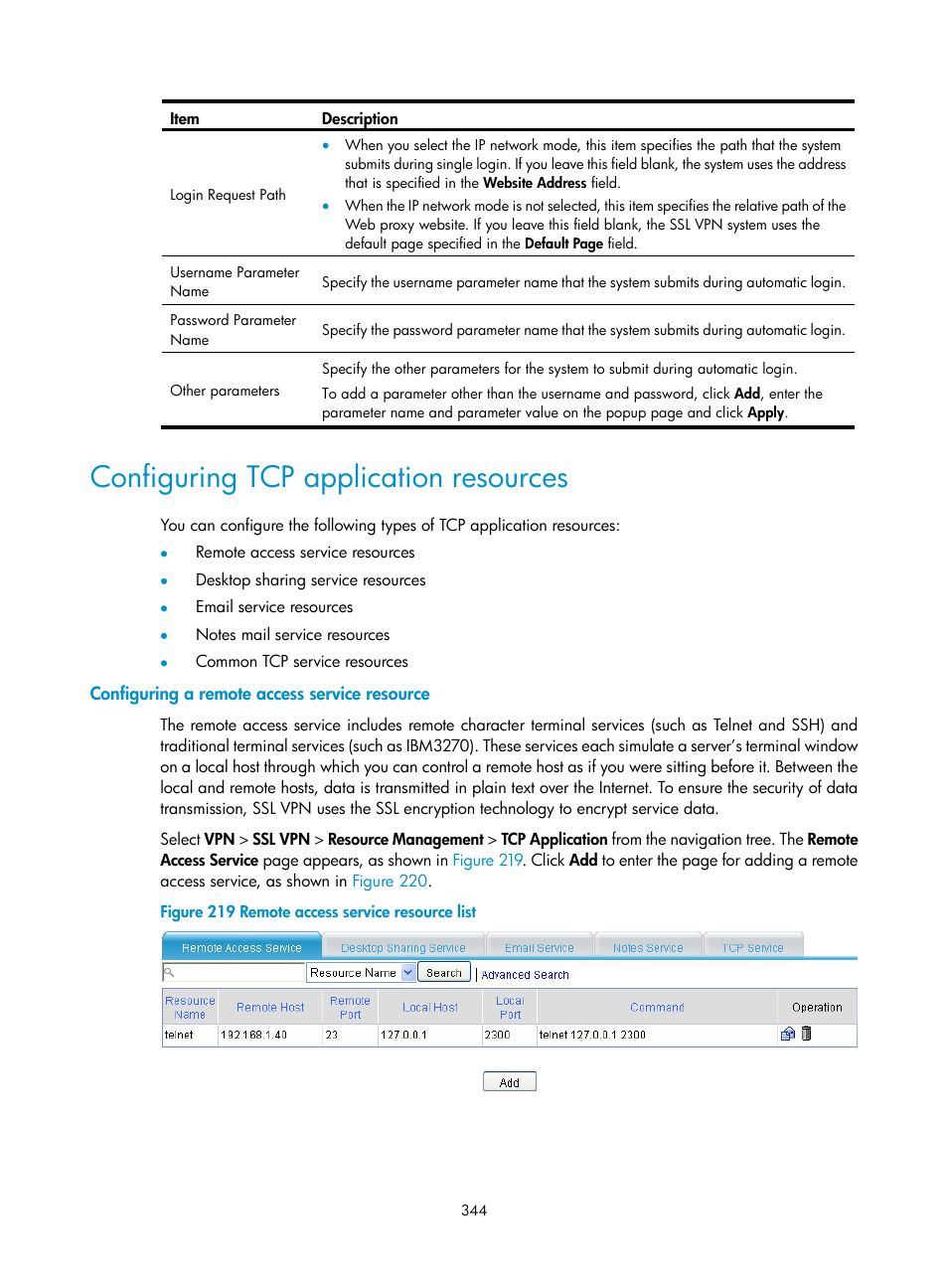 Configuring tcp application resources, Configuring a remote access service resource | H3C Technologies H3C SecPath F1000-E User Manual | Page 356 / 490