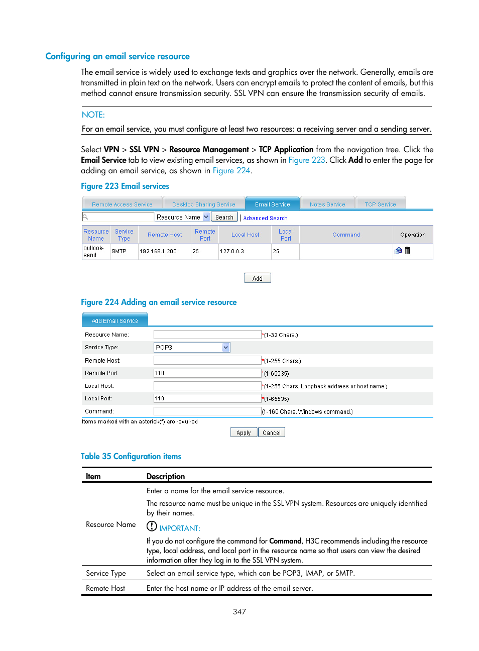 Configuring an email service resource | H3C Technologies H3C SecPath F1000-E User Manual | Page 359 / 490