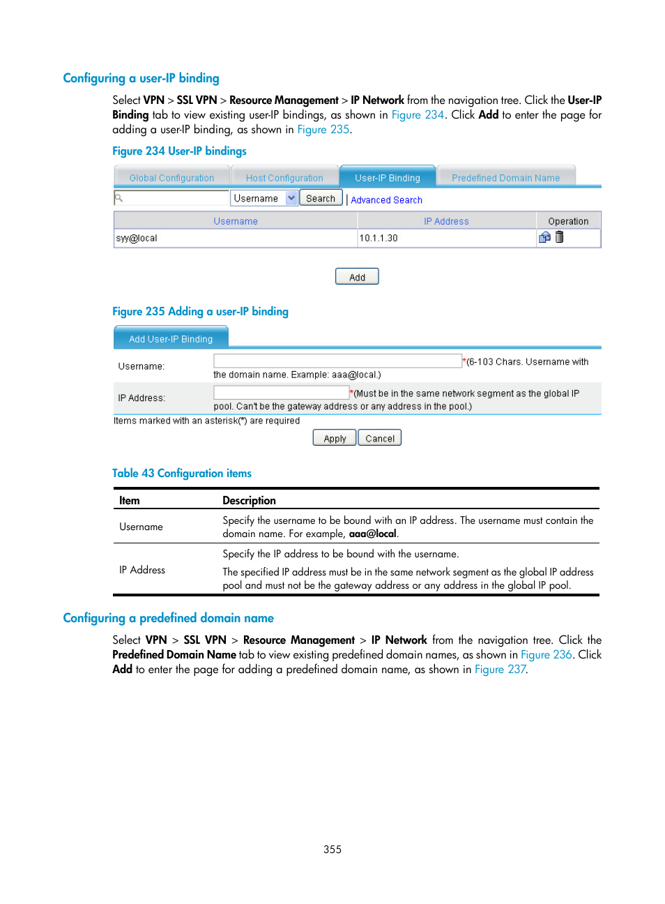 Configuring a user-ip binding, Configuring a predefined domain name | H3C Technologies H3C SecPath F1000-E User Manual | Page 367 / 490