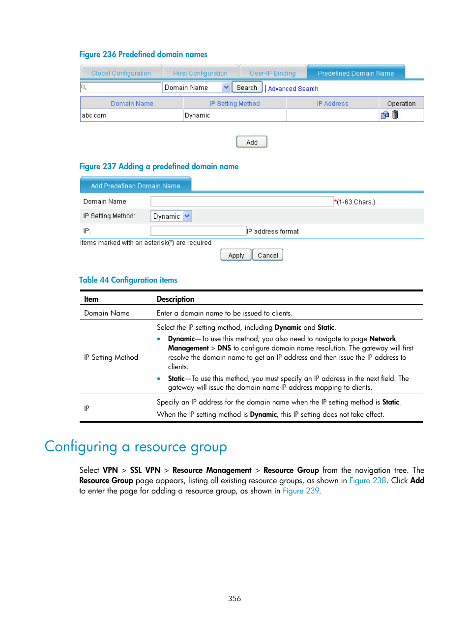 Configuring a resource group, Figure 236, Figure 237 | H3C Technologies H3C SecPath F1000-E User Manual | Page 368 / 490