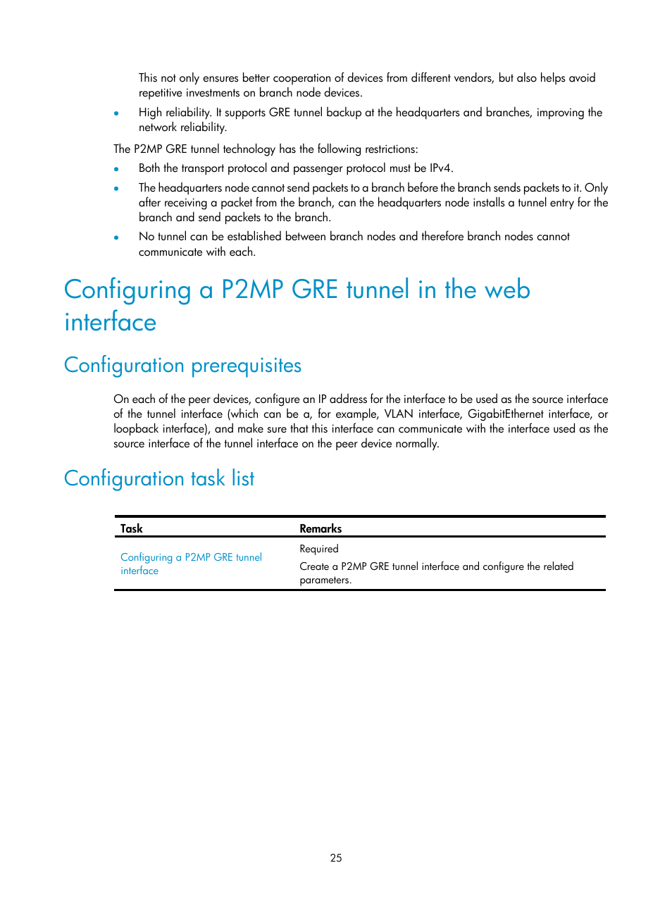 Configuring a p2mp gre tunnel in the web interface, Configuration prerequisites, Configuration task list | H3C Technologies H3C SecPath F1000-E User Manual | Page 37 / 490