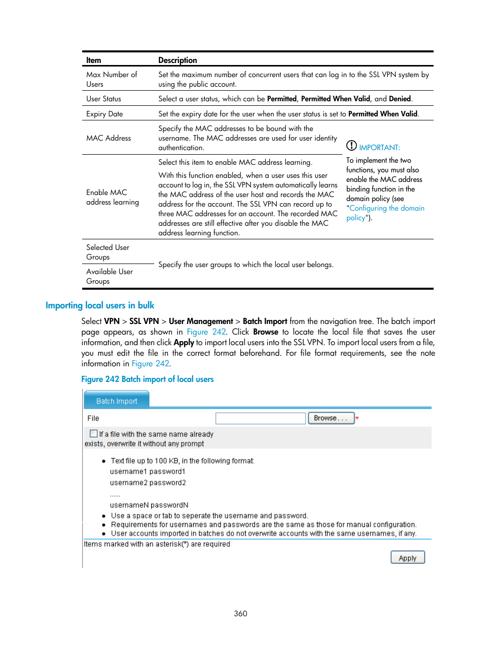 Importing local users in bulk | H3C Technologies H3C SecPath F1000-E User Manual | Page 372 / 490