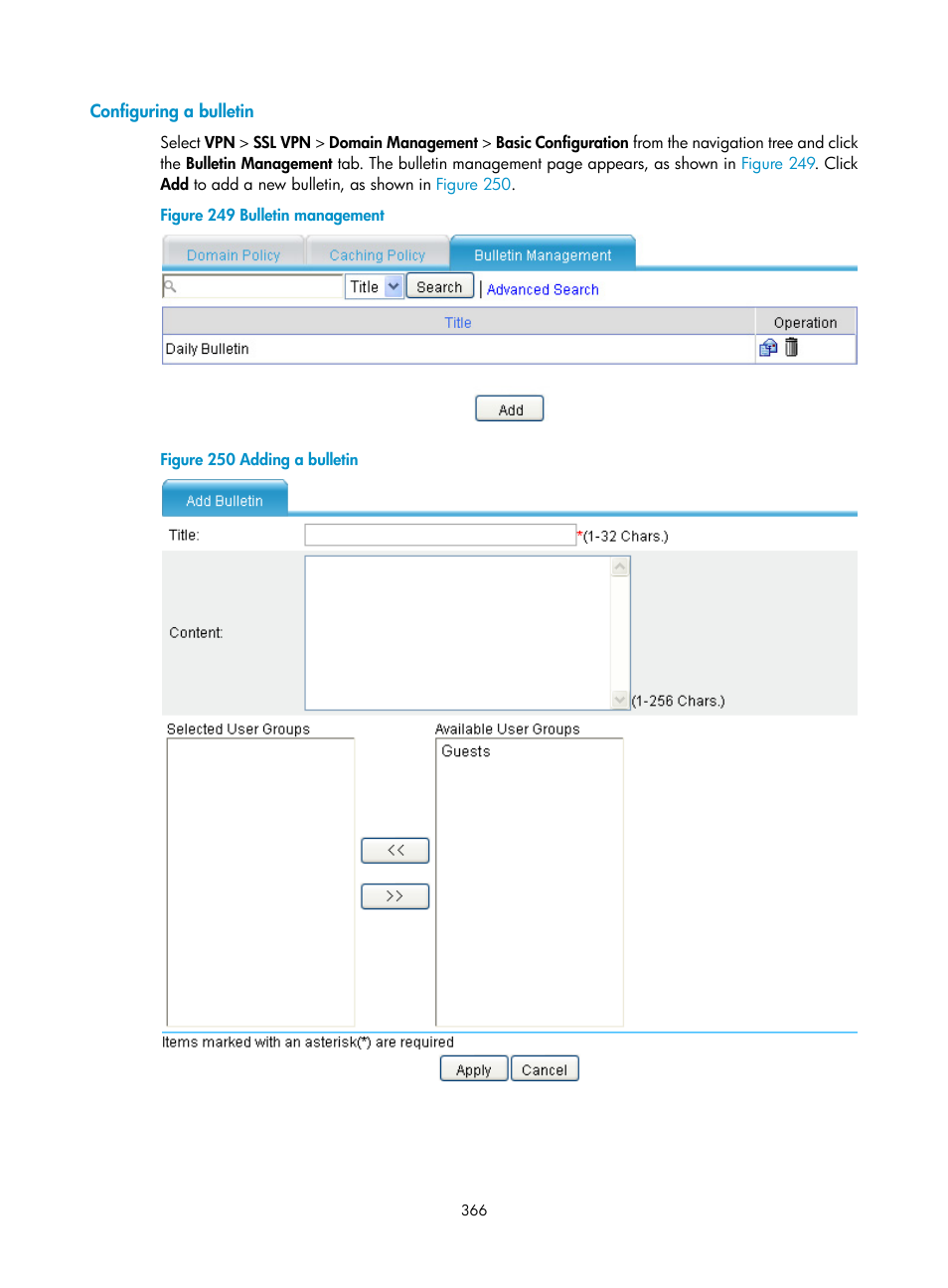 Configuring a bulletin | H3C Technologies H3C SecPath F1000-E User Manual | Page 378 / 490