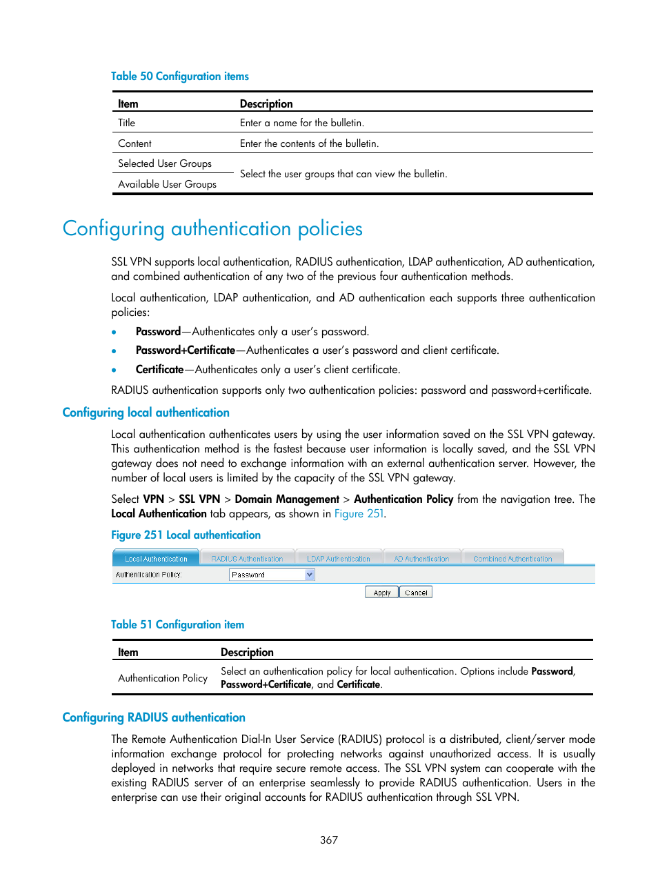 Configuring authentication policies, Configuring local authentication, Configuring radius authentication | H3C Technologies H3C SecPath F1000-E User Manual | Page 379 / 490