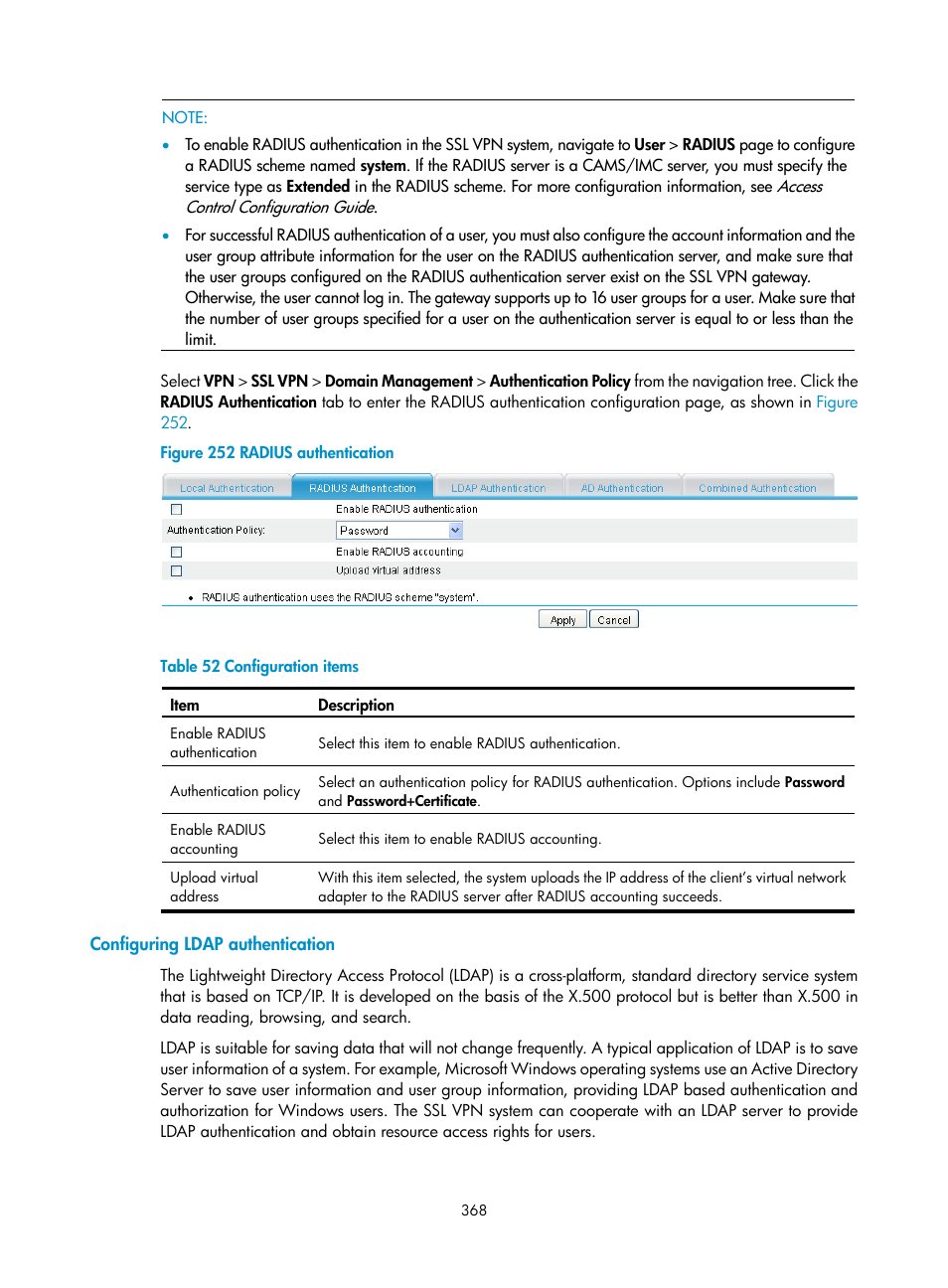 Configuring ldap authentication | H3C Technologies H3C SecPath F1000-E User Manual | Page 380 / 490