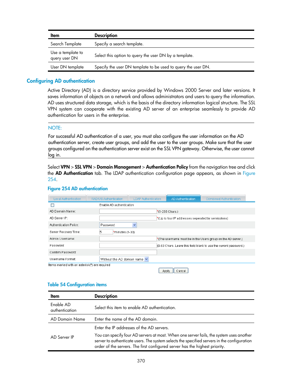 Configuring ad authentication | H3C Technologies H3C SecPath F1000-E User Manual | Page 382 / 490