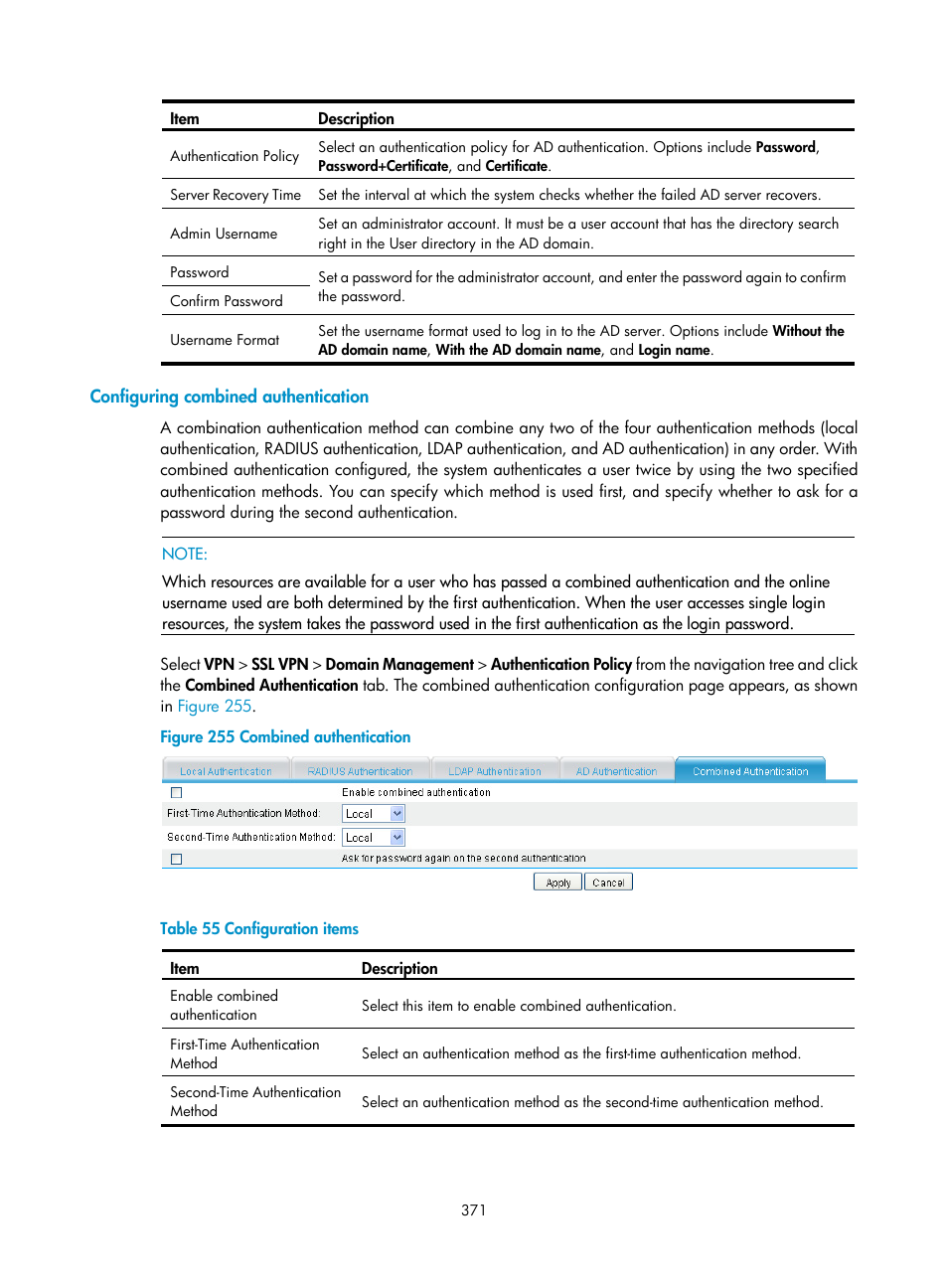 Configuring combined authentication | H3C Technologies H3C SecPath F1000-E User Manual | Page 383 / 490