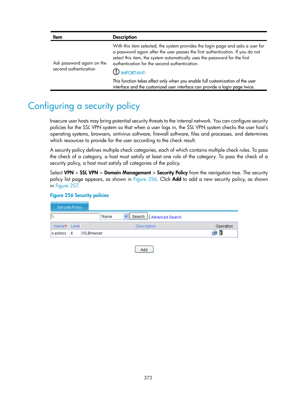 Configuring a security policy | H3C Technologies H3C SecPath F1000-E User Manual | Page 384 / 490