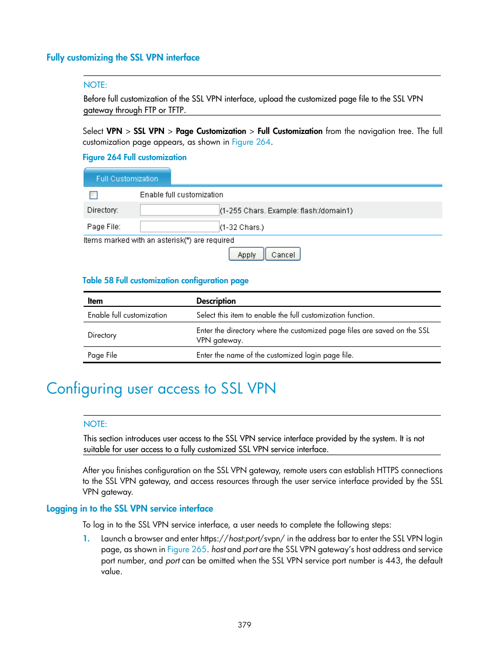 Fully customizing the ssl vpn interface, Configuring user access to ssl vpn, Logging in to the ssl vpn service interface | H3C Technologies H3C SecPath F1000-E User Manual | Page 391 / 490