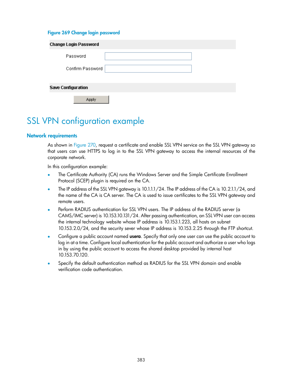 Ssl vpn configuration example, Network requirements | H3C Technologies H3C SecPath F1000-E User Manual | Page 395 / 490