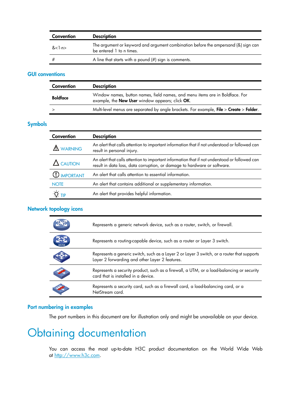 Gui conventions, Symbols, Network topology icons | Port numbering in examples, Obtaining documentation | H3C Technologies H3C SecPath F1000-E User Manual | Page 4 / 490