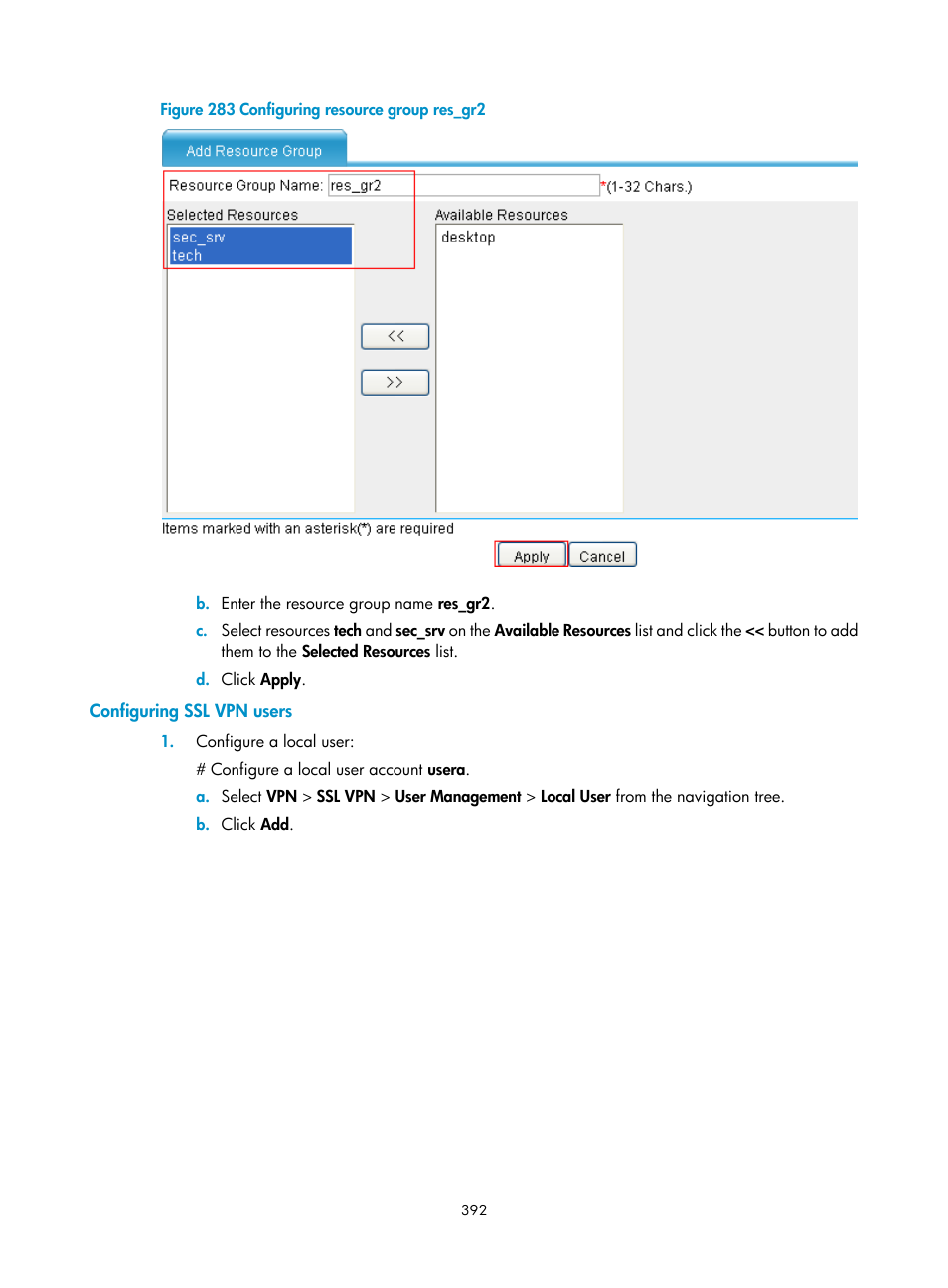 Configuring ssl vpn users | H3C Technologies H3C SecPath F1000-E User Manual | Page 404 / 490