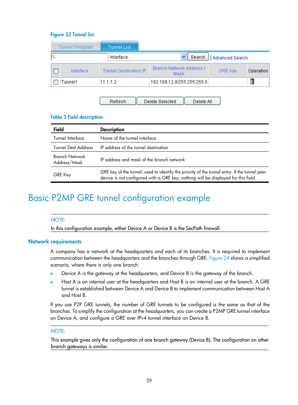 Basic p2mp gre tunnel configuration example, Network requirements | H3C Technologies H3C SecPath F1000-E User Manual | Page 41 / 490