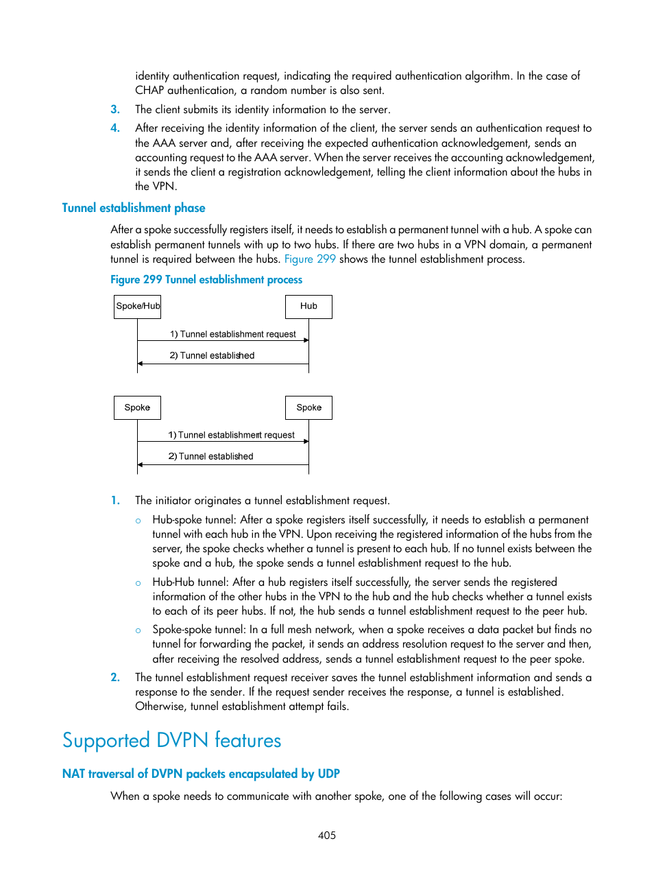 Tunnel establishment phase, Supported dvpn features, Nat traversal of dvpn packets encapsulated by udp | H3C Technologies H3C SecPath F1000-E User Manual | Page 417 / 490